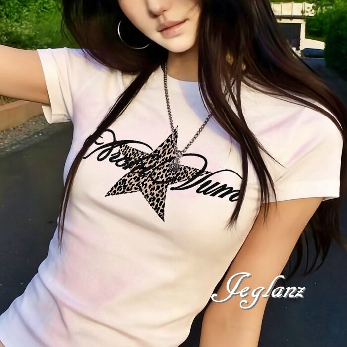 4色 レオパード スター 星 ロゴ Tシャツ スリム カジュアル (MC757)β