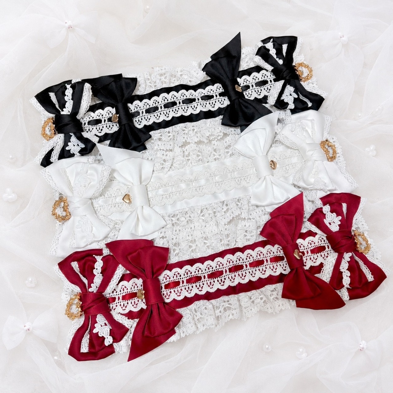 ♡【全9色】 クラシカルフリルレース ダブルリボンヘッドドレス wine red ♡