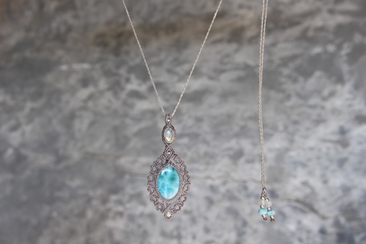 Larimar & Rainbow  moonstone  micro macrame pendant