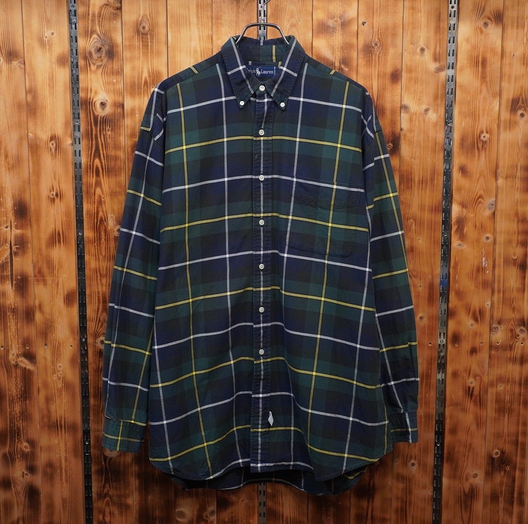 90s ralphlauren the big oxford 裾ポニー ボタンダウンシャツ L/ ラルフローレン チェック柄 長袖シャツ