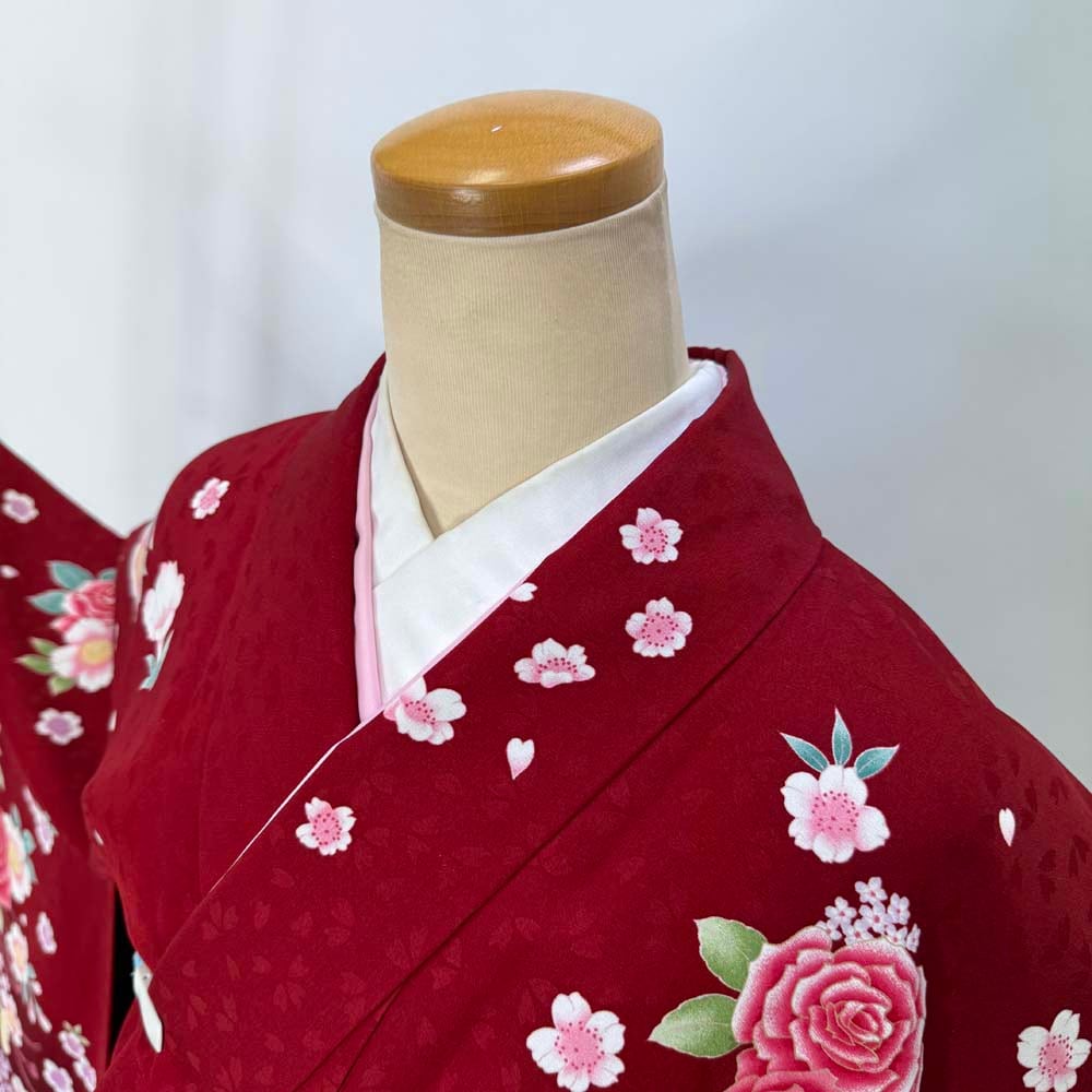 二尺袖 単品 卒業式着物 赤 裄68.5cm Lサイズ 袴用着物 化繊 中古 4535