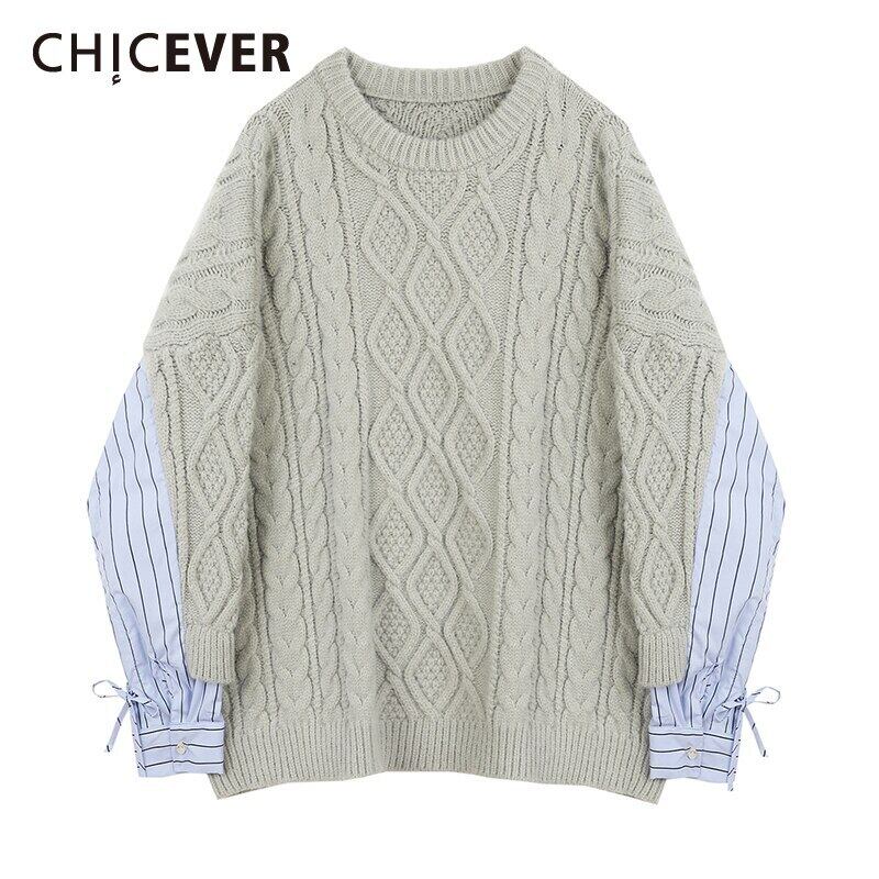 CHICEVERパッチワークセーター女性Oネックロングバットウィングスリーブニットヒットカラープルオーバー2020 6base574406734307