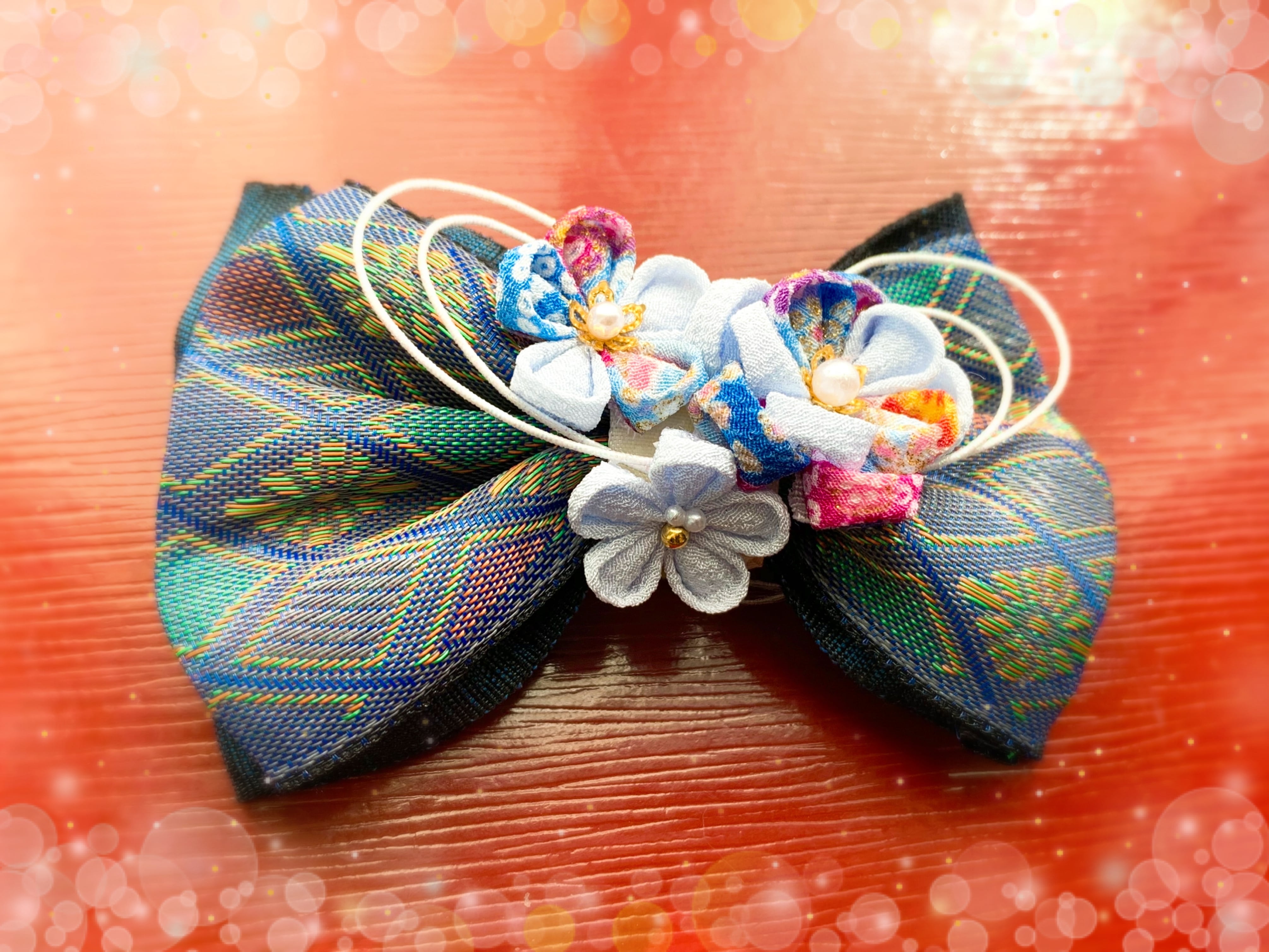 リボン 鶴模様 和装 青かっ 畳ヘリ 髪飾り畳縁 畳へり祭 成人 