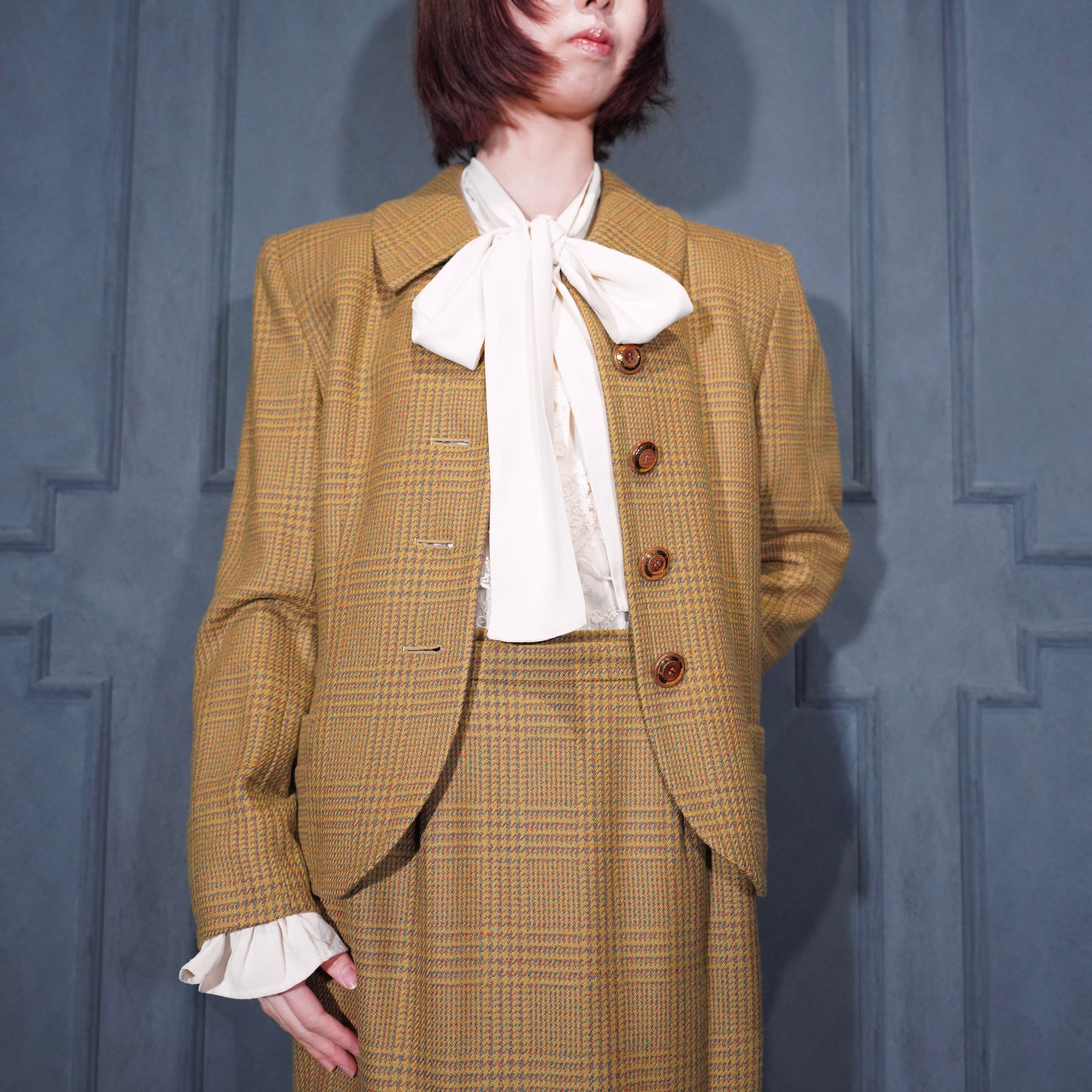 YVES SAINT LAURENT✨ダブルブレスト　スカートスーツ　チェック麻 YVES SAINT LAURENT CHECK PATTERNED WOOL SET UP SKIRT/イヴサン