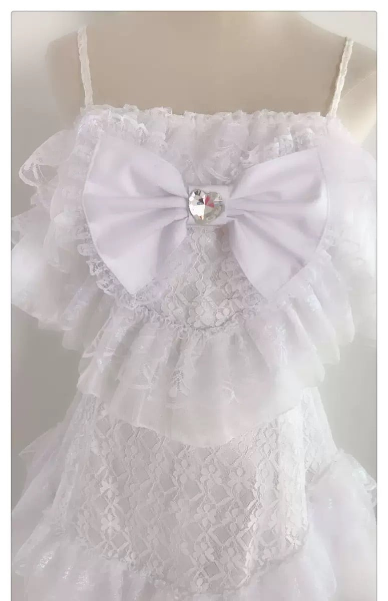 白 ワンピース フリフリ ガーリー ロリータ 原宿 姫 ホワイト リボン ハート ビジュー ミニ ドレス オフショルダー Loveysmileshop