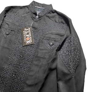 black fake suede band collar embroidery shirt