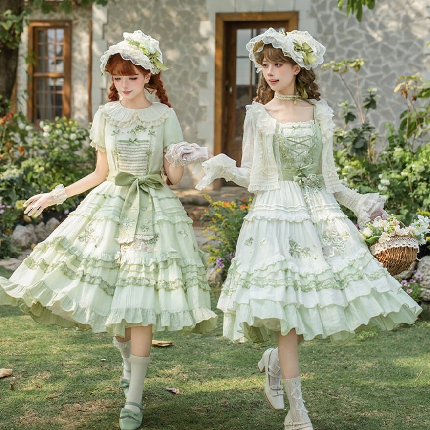 クラロリ｜森ガール風フリルワンピース4点セット（ライトグリーン