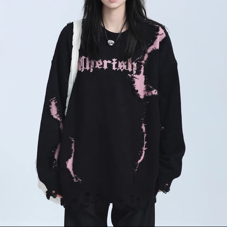 ダメージ加工 長袖 レギュラーサイズ ニット ◆2col L00221