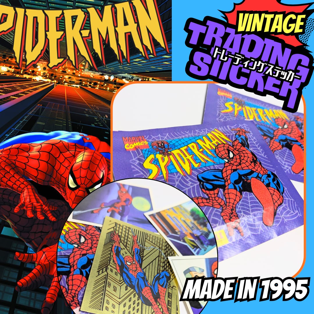 ☆送料無料!☆ VINTAGE 1995【 Spider-Man / スパイダーマン 】スパイダーマン クロモス アデシボス(Cromos Adhesivos)/ トレーディングステッカー 単品 (1個=4STICKER入)〚アメリカン雑貨 アメトイ〛