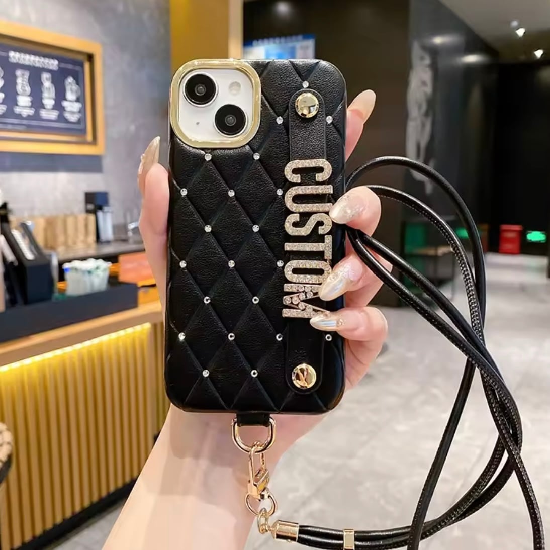 ショルダー付き キルティング ストーン レザー カスタム 名前入れ