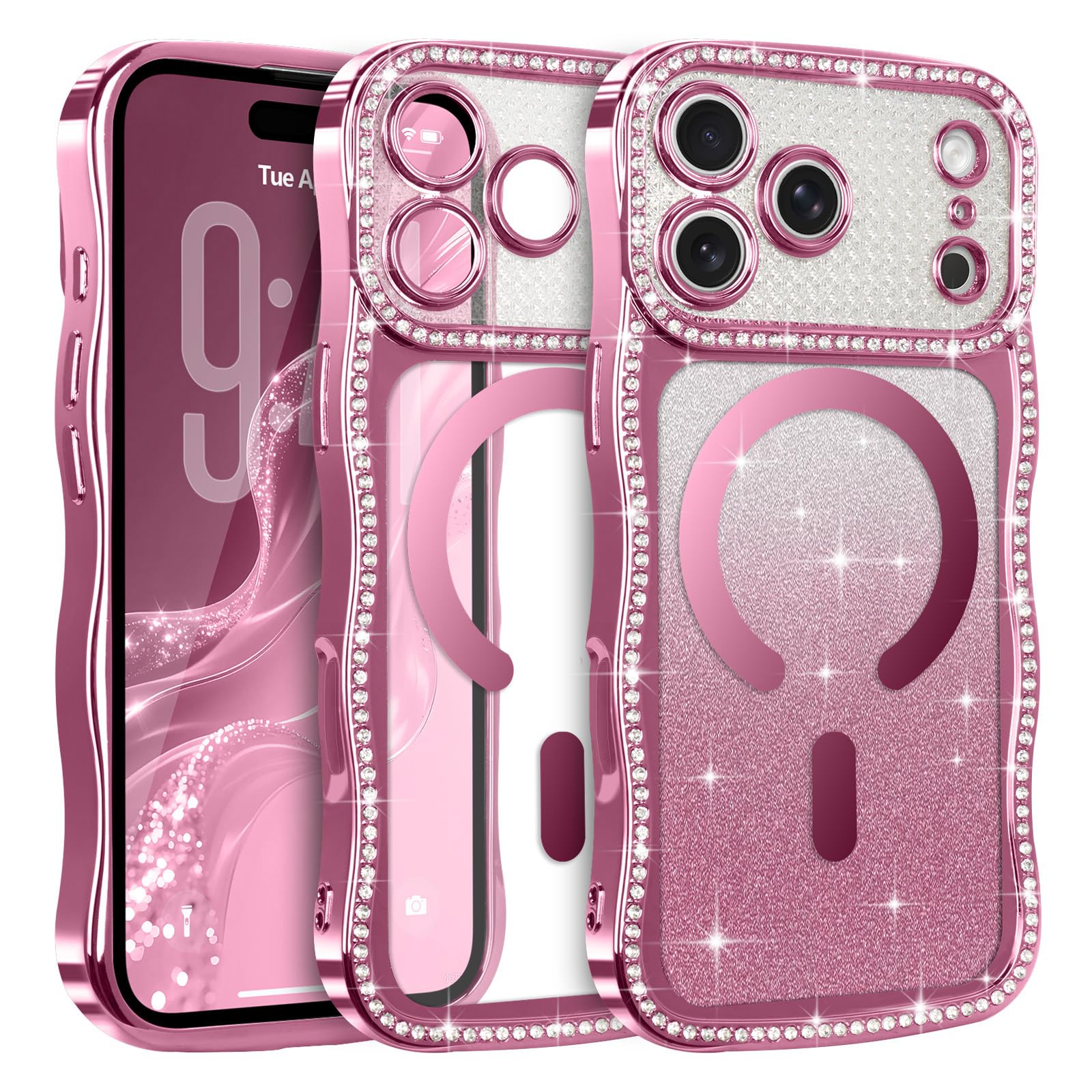 Lafunda iPhone 17 Pro 用 ケース キラキラ MagSafe対応 透明 & グリッターカード付 おしゃれ 軽量 耐衝撃【ピンク】