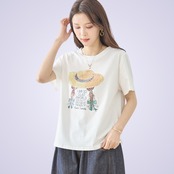 TRUBE ストローハットガールプリントTシャツ【M~L】ホワイト