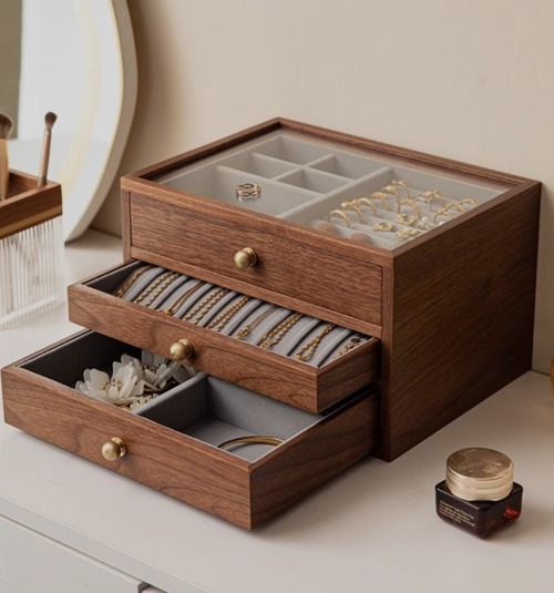 ジュエリーボックス 木製 3段 引き出し式 アクセサリーケース 宝石箱 収納ボックス 大容量 ネックレス収納 おしゃれ