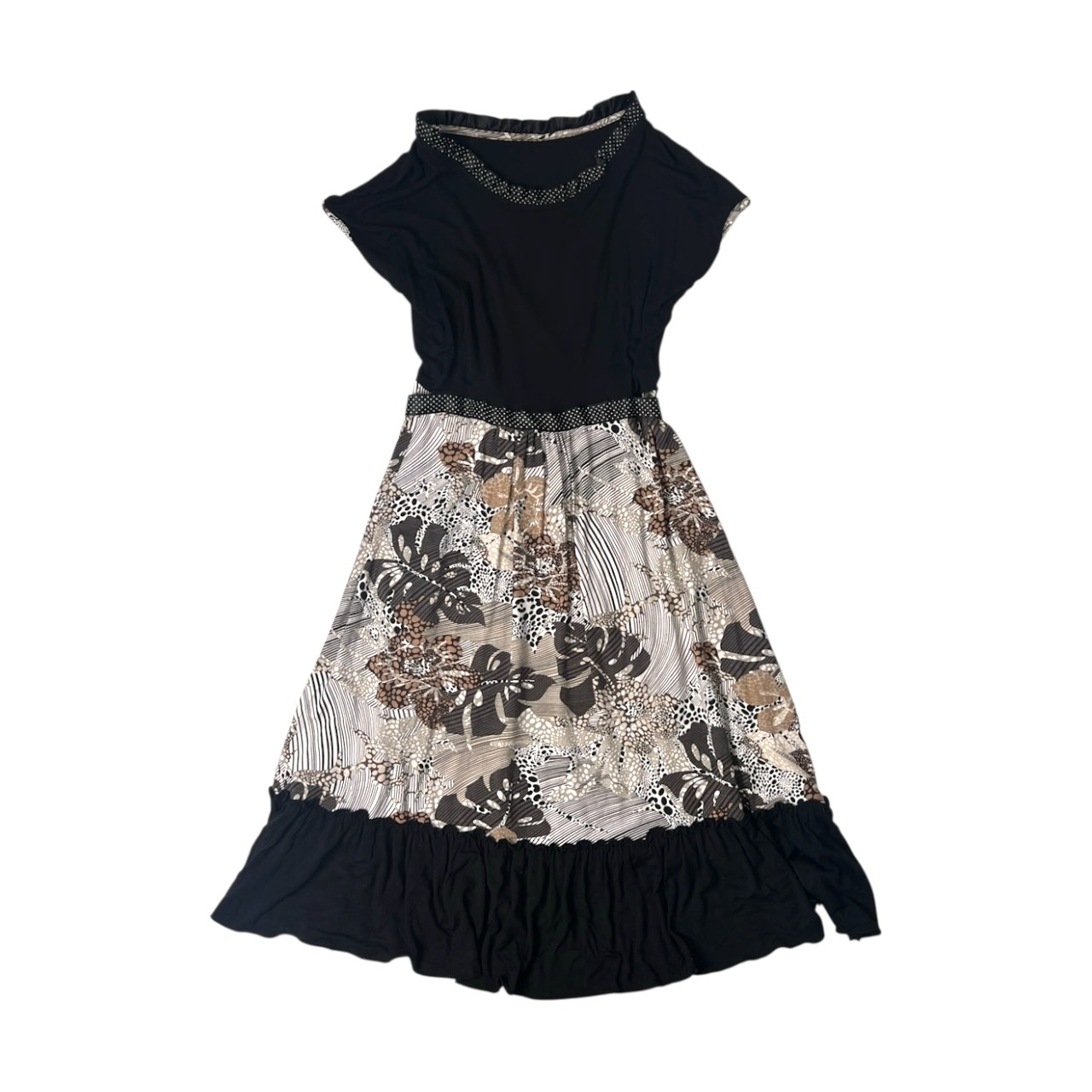 LORELLA SGARBI ロレラスガルビ イタリア製 切替デザイン ストレッチ フリル 半袖ワンピース XL/ブラック