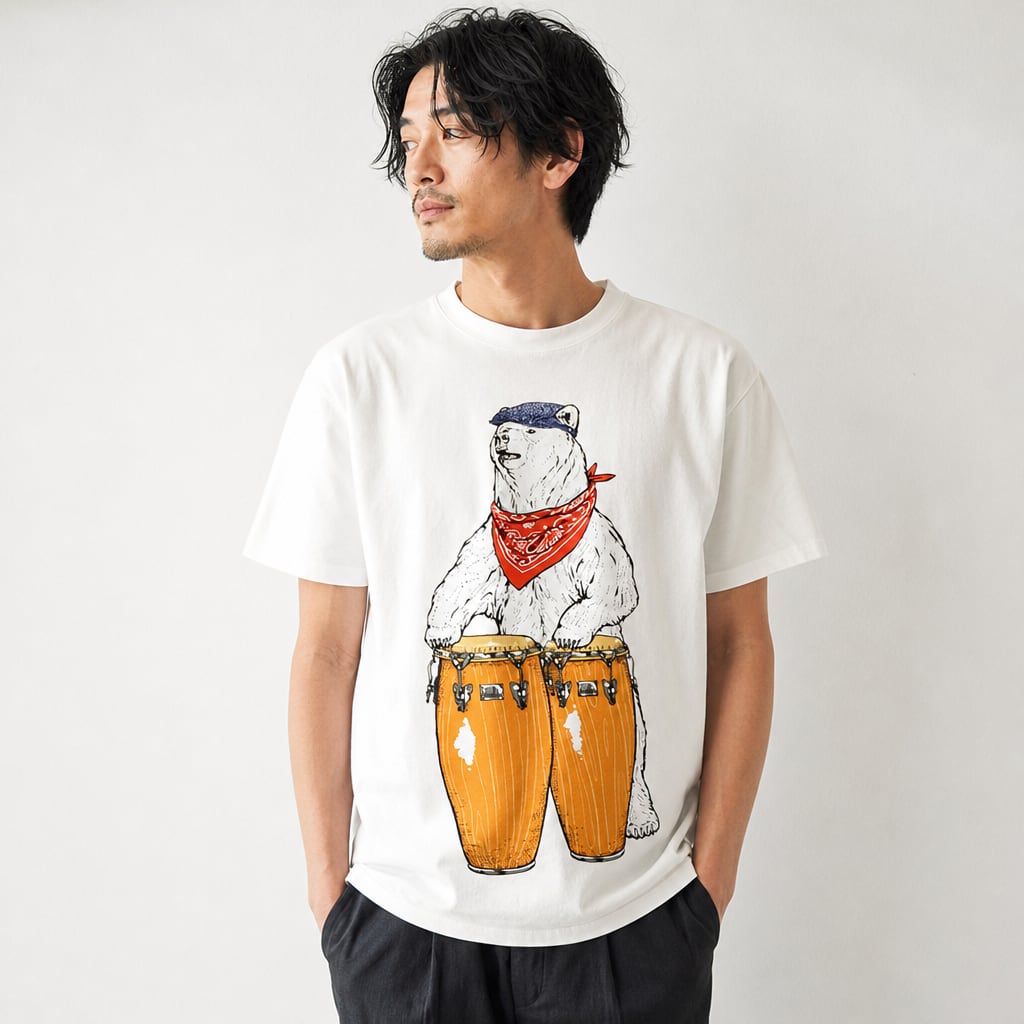 go slow caravan ゴースローキャラバン|綿100%コンガクマプリント半袖Tシャツ|USA/C コンガクマTEE ユニセックス 361909 ホワイト