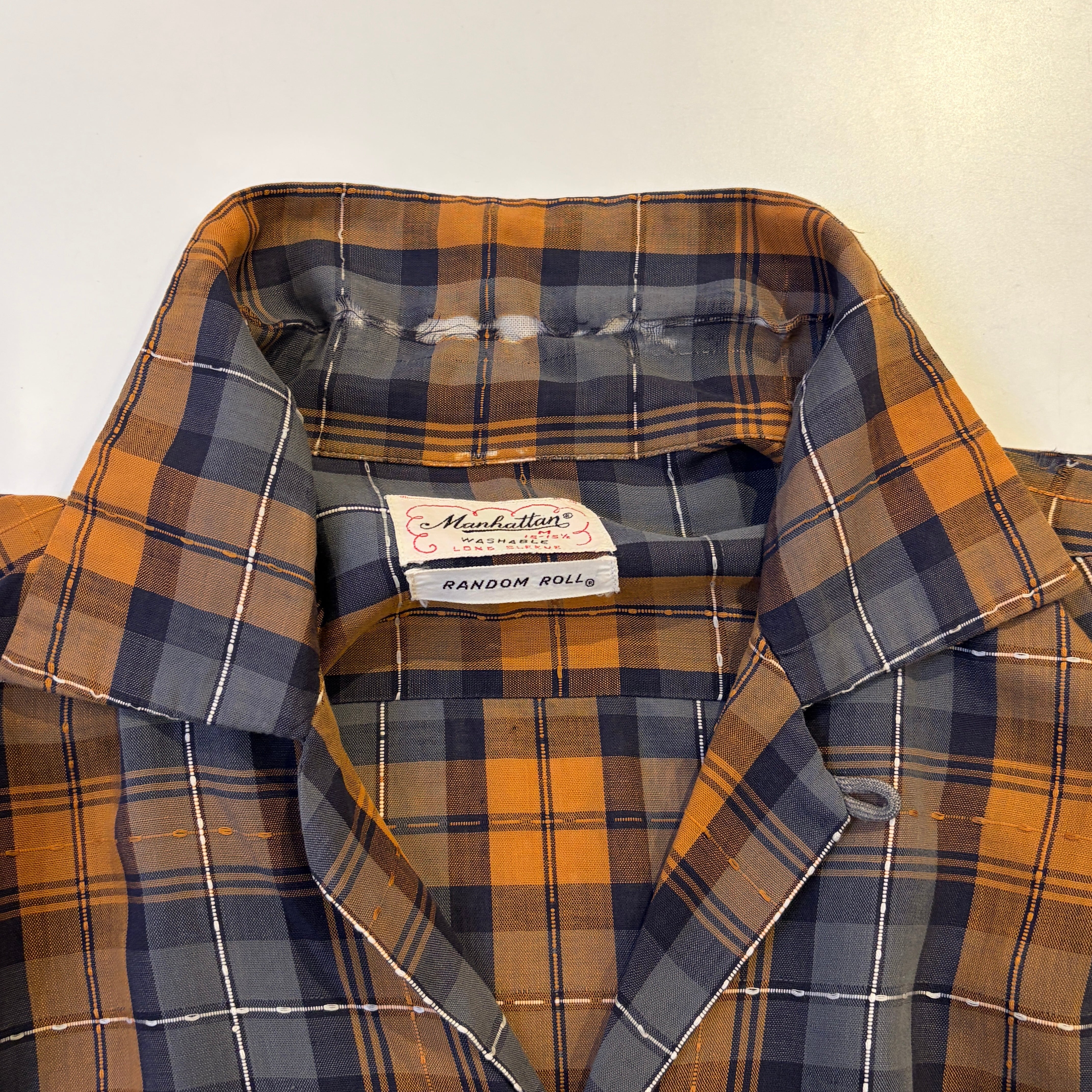 1950s MANHATTAN COTTON OPEN COLLAR SHIRT BLACK/ORANGE/GRAY