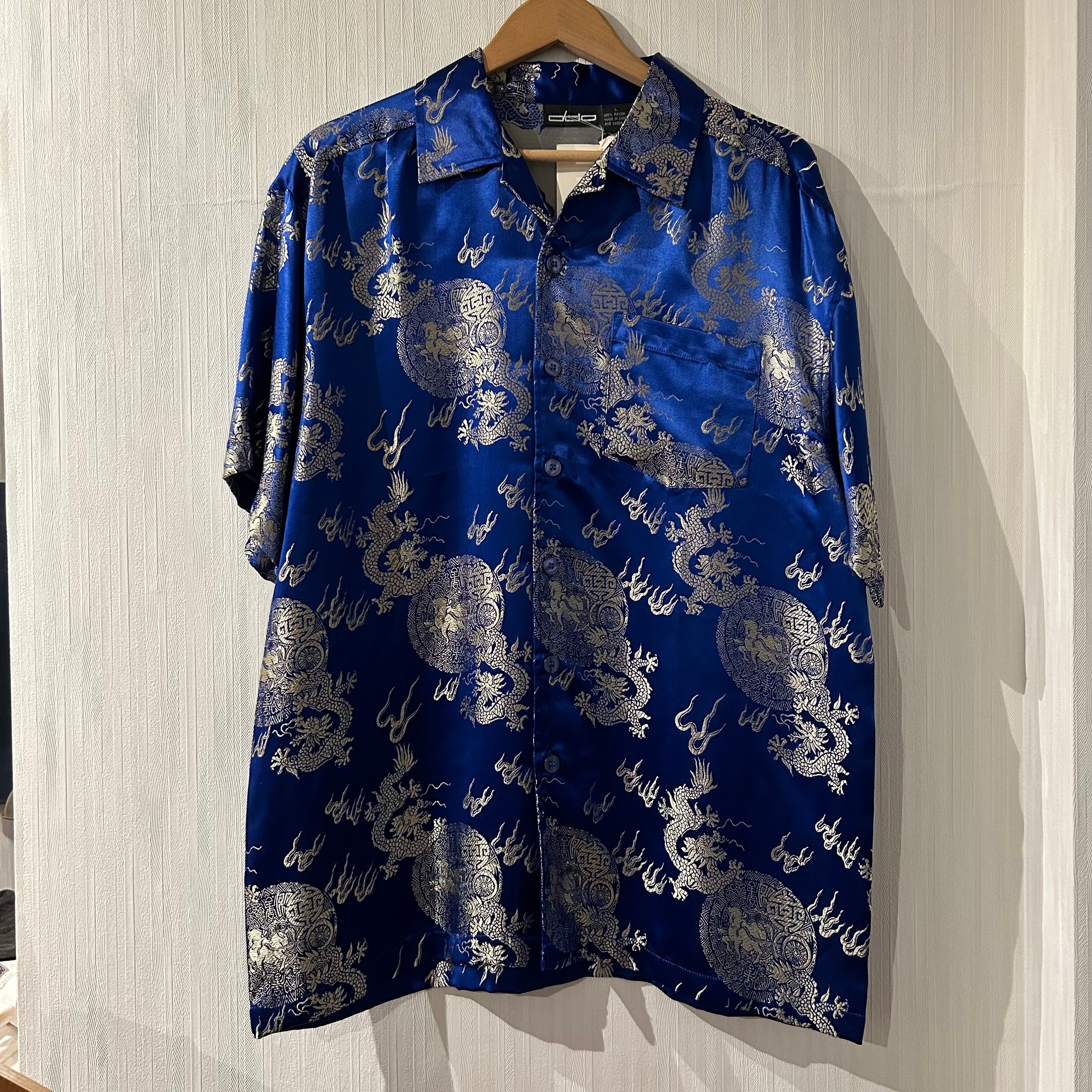 Dead Stock!! 2000s “Y2K” odo rayon × nylon S/S shirt "BLUE