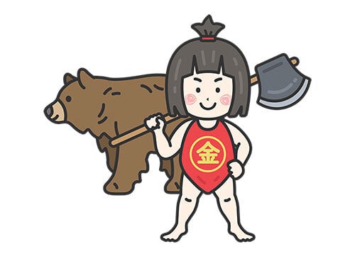 まさかりかついだ金太郎と熊（線画カラー）のイラスト | イラスト