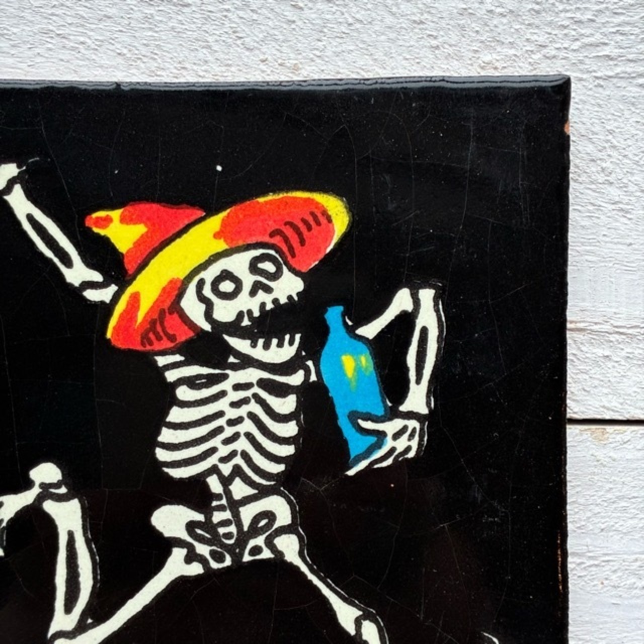 メキシコ　カラベラタイル　エビオ　ブラック　コースター　鍋敷き　DIY　柄タイル　室内壁　室外壁　デザインタイル　レトロ　アートタイル　タラベラ焼き