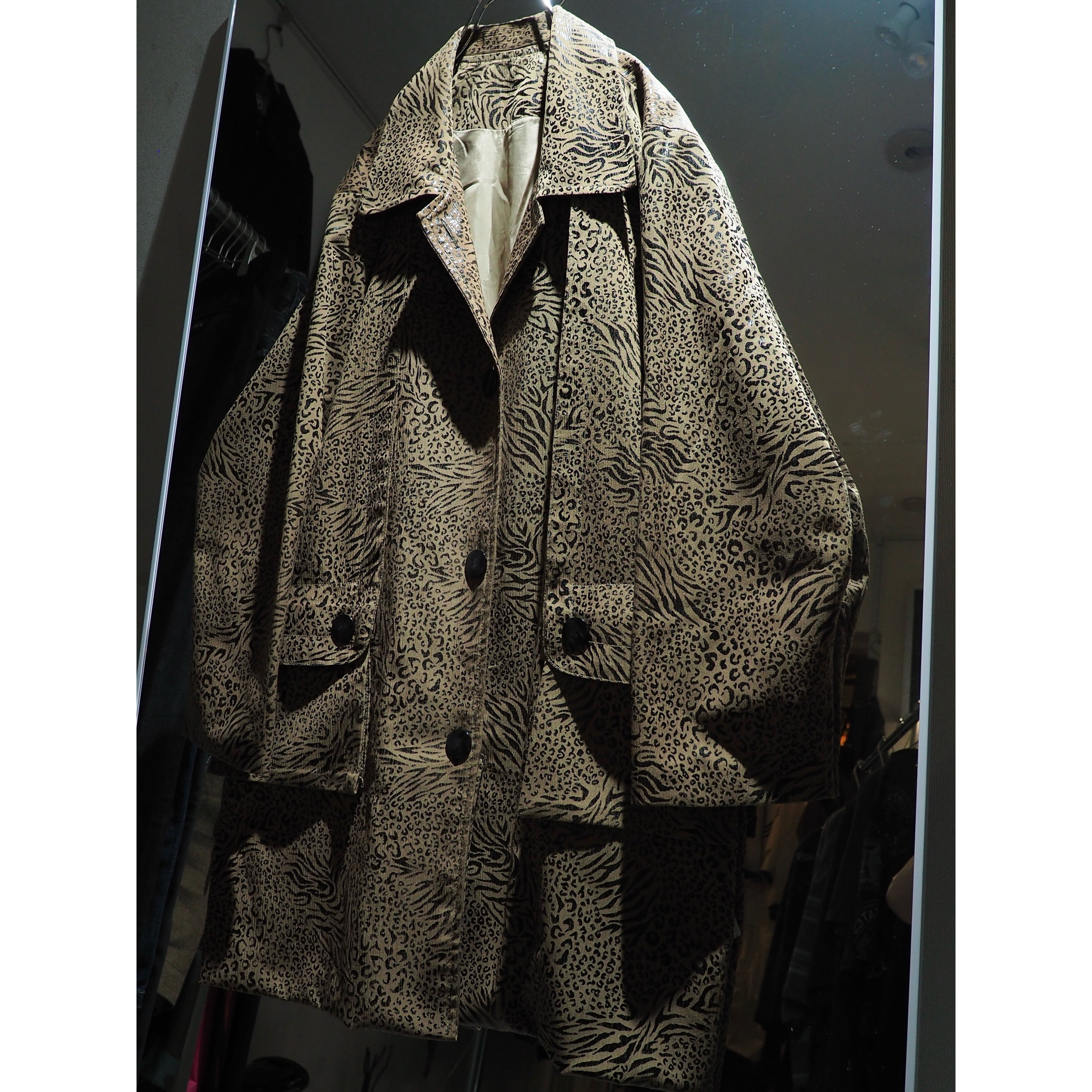 1990s Pleats line × Animal pattern coating vintage loose half coat jacket