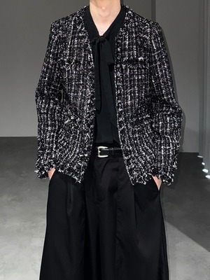 lamé tweed short jacket / black × white & black lamé