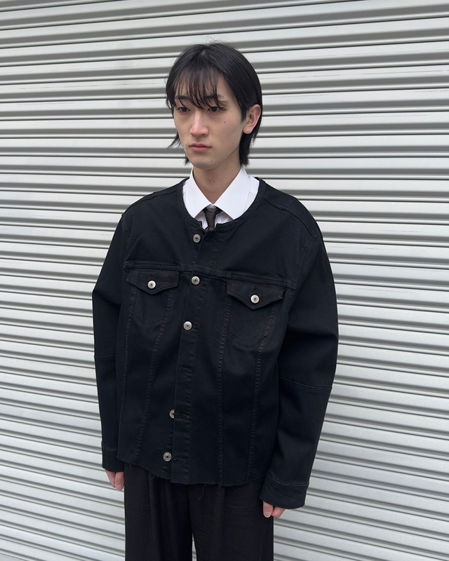 Damaged hem collarless denim blouson
