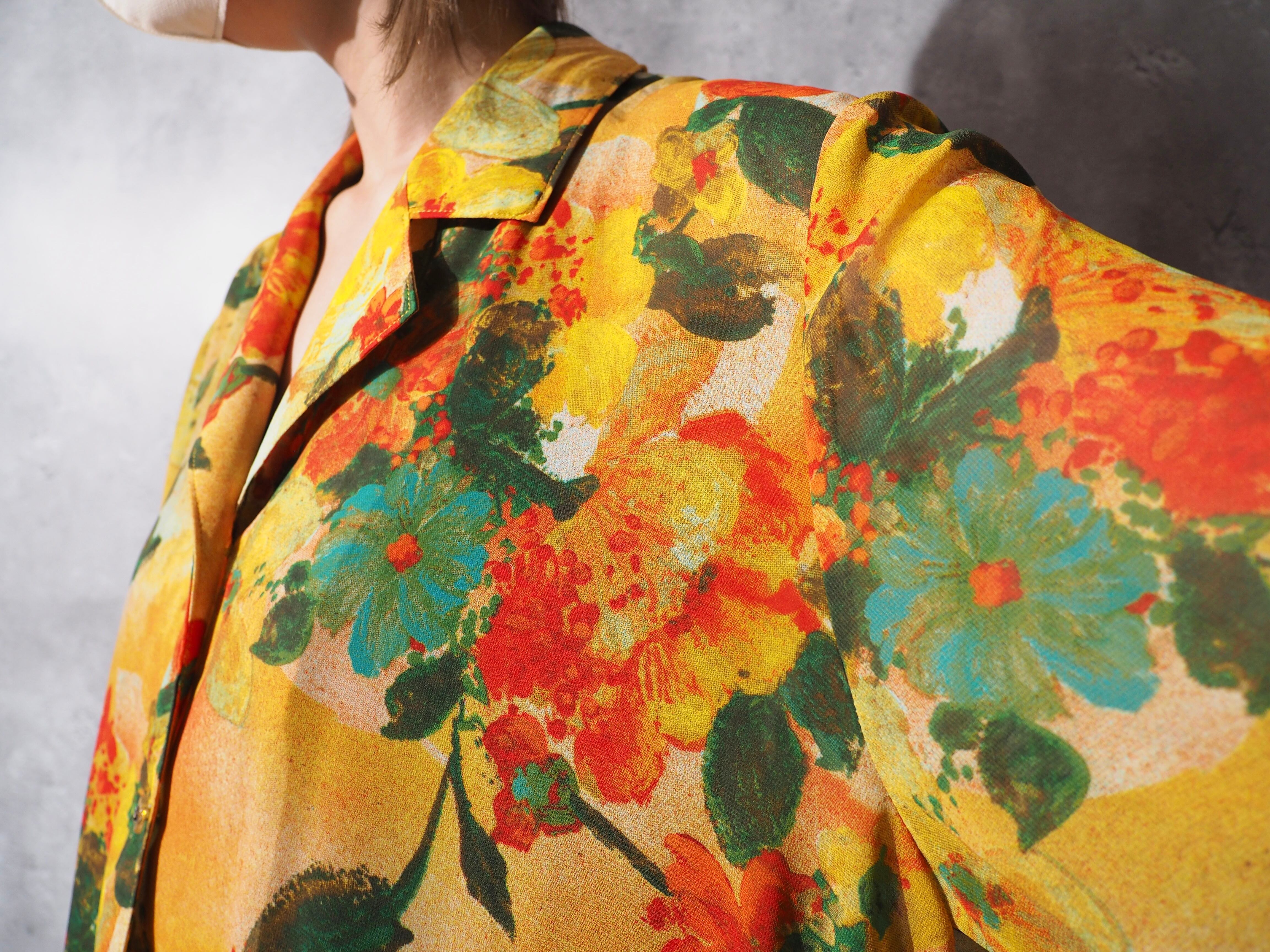 1990s Botanical Flower painted translucent open callar shirt