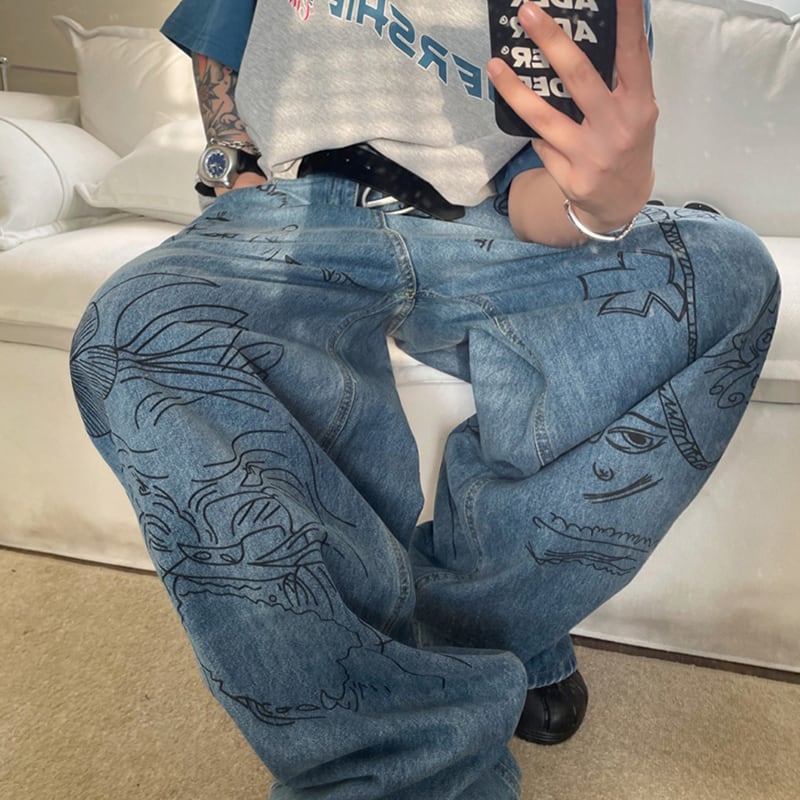 JUSHOUREN古着風落書きデニムパンツ | mblueshop