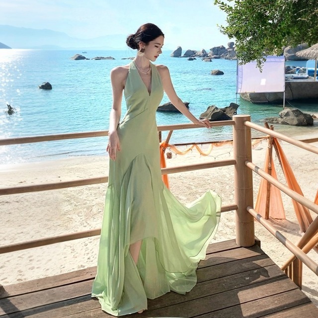 【SummerVacationシリーズ】ワンピース Vネック バックレス シルエット ライトグリーン S M L