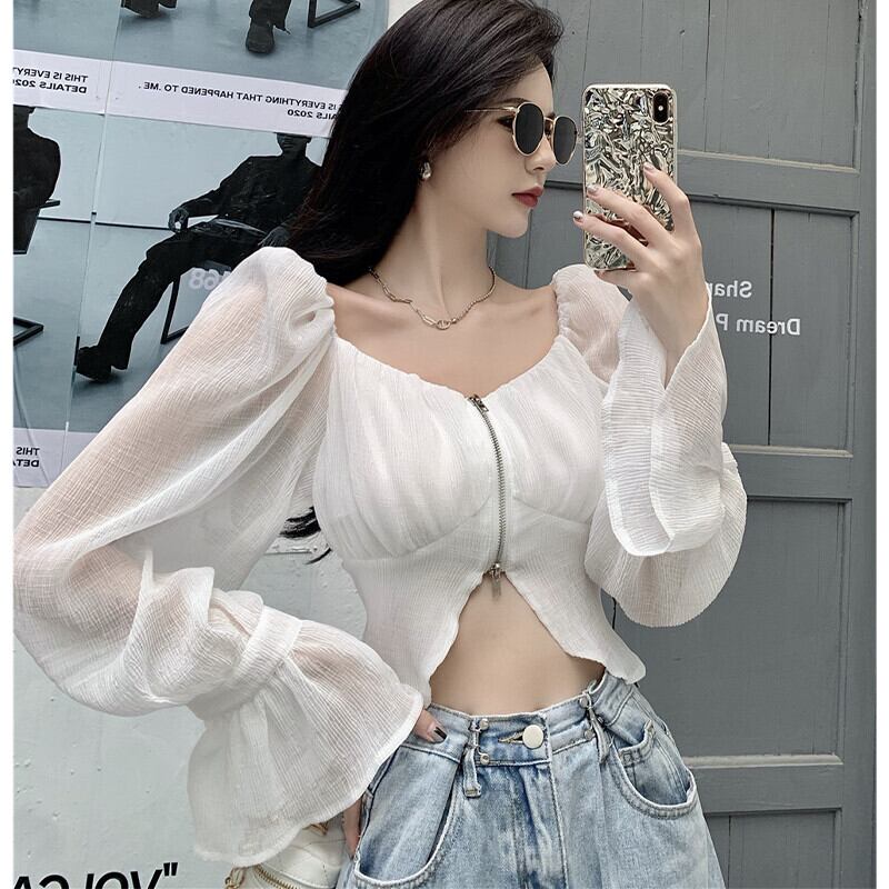 薄手ホワイトシフォンシャツ レディースサマーショートクロップトップ トップス ロング 夏物 ピュア ガールズファッション48681004867