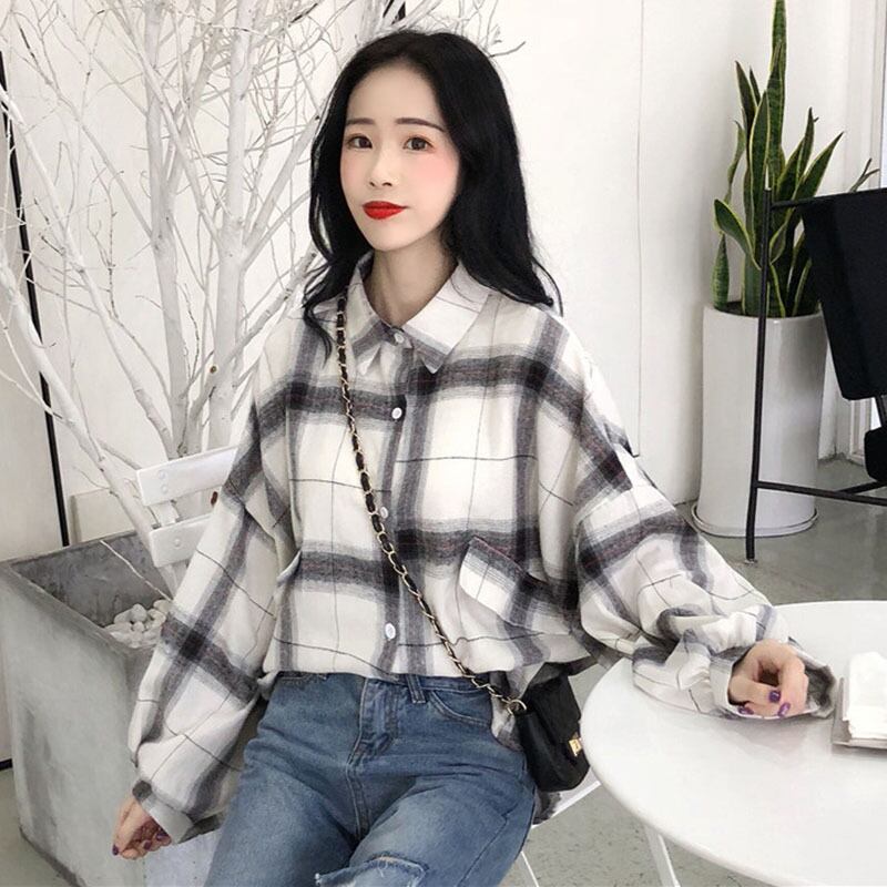 チェック柄シャツ女性デザインセンスニッチサマーシャツレトロ学生ルーズバージョン2020長袖トップコート YY-ファッション24567893831