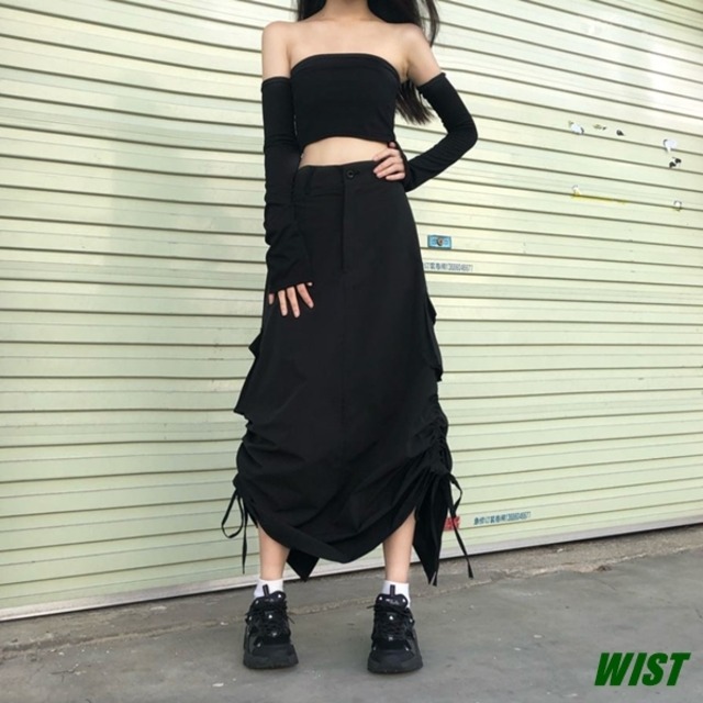 ロングスカート ギャザー 黒 ブラック スタイリッシュ かわいい おしゃれ ストリート オルチャン 韓国ファッション 405