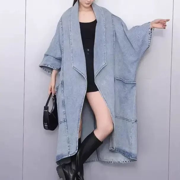 LAPELED V-NECK 3/4 SLEEVES MIDI DENIM GOWN COAT 1color M-15612