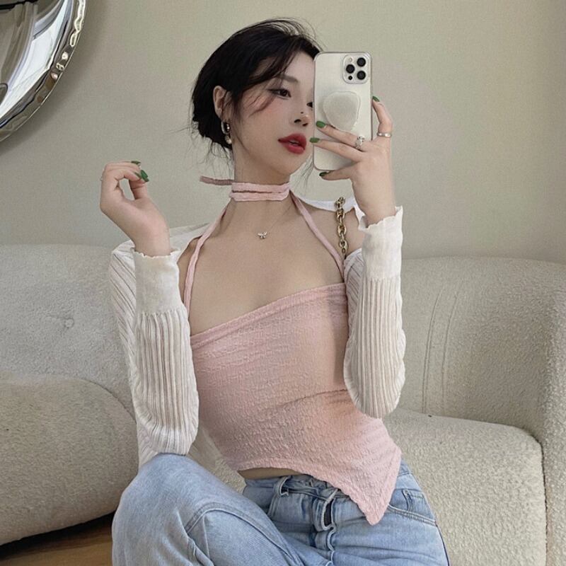 オータムホルター薄手ニットショートジャケット 秋物 ハンチェンe38571908981