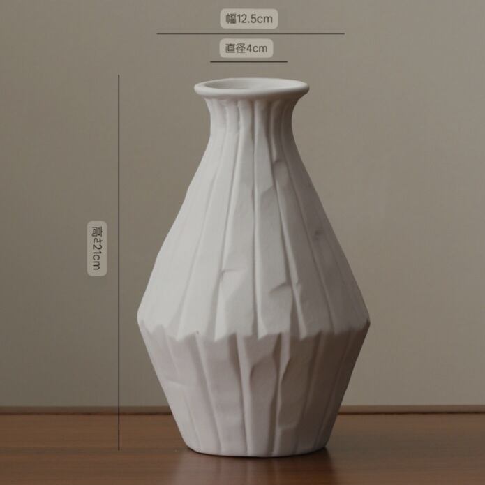 縦筋花瓶 リブ模様花瓶 白い花瓶 セラミック花瓶 モダン花瓶