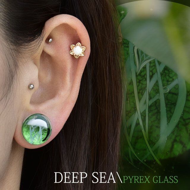 ボディピアス 0G 00G 12mm グリーン くらげ ガラスピアス ダブルフレア