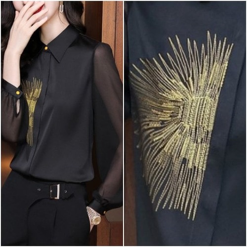 ブラウス 刺繍 ゴールド オシャレ シンプル 大人きれいめ スタイリング こなれ感 お呼ばれ 発表会 上品 すっきり 薄手透け感 気映え 春 夏 シフォン フォーマル ブラック スタイリッシュ