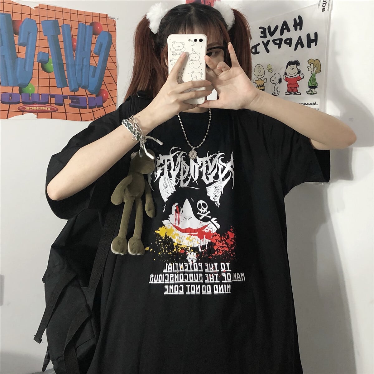 送料無料】KOREA ダークプリントルーズTシャツ メンズレディース