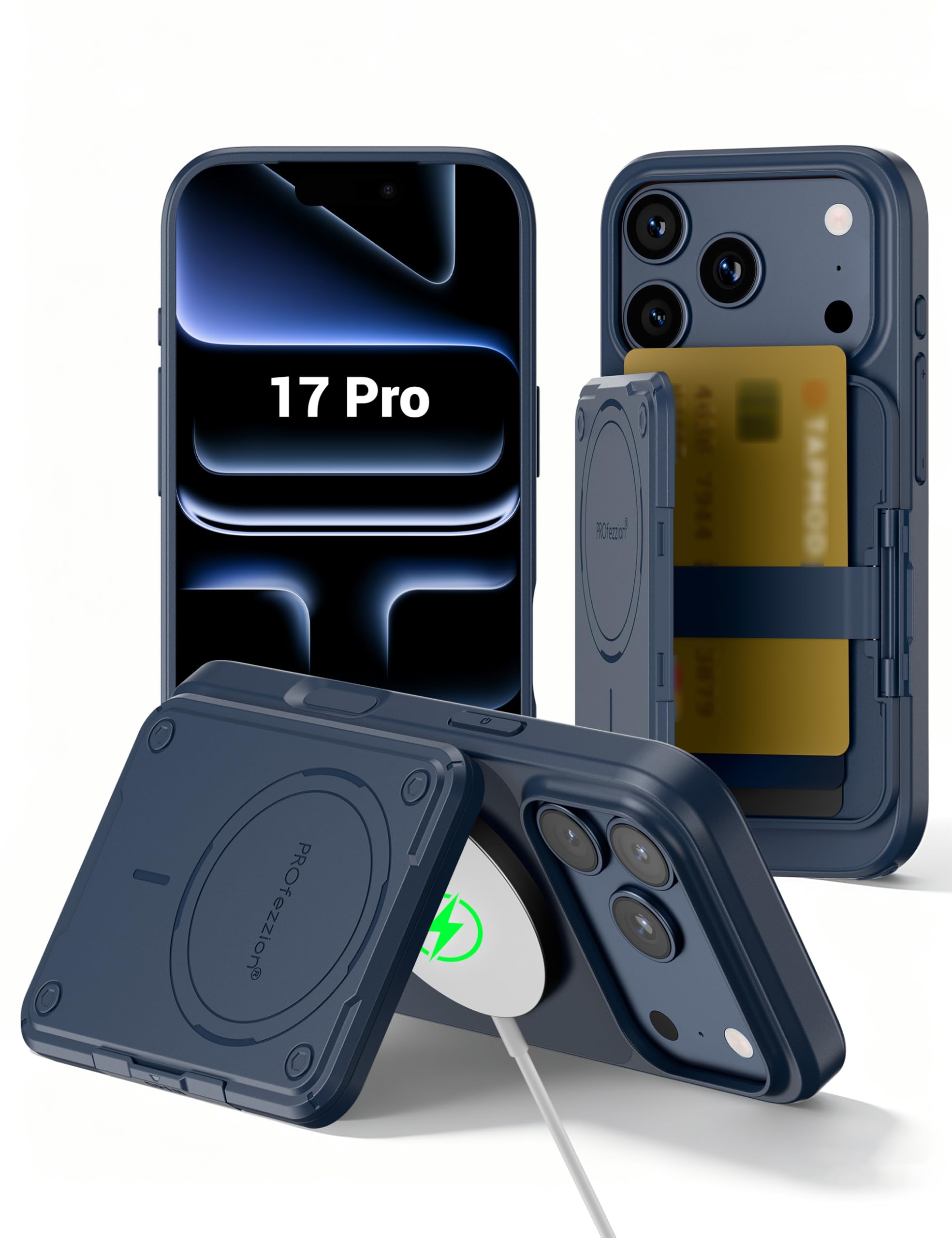 【取り外し不要、ワイヤレス充電可】PROfezzion iPhone 18 Pro ケース Magsafeカードケース 背面 3枚収納 スキミング防止
