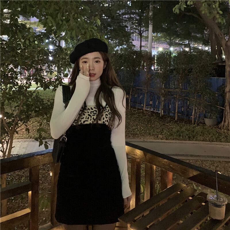 ドレス レオパードパターンベルベットショートスカート スプリングスタンダードブラック レトロ 春物 ステッチ ブラックストロベリース81693498763