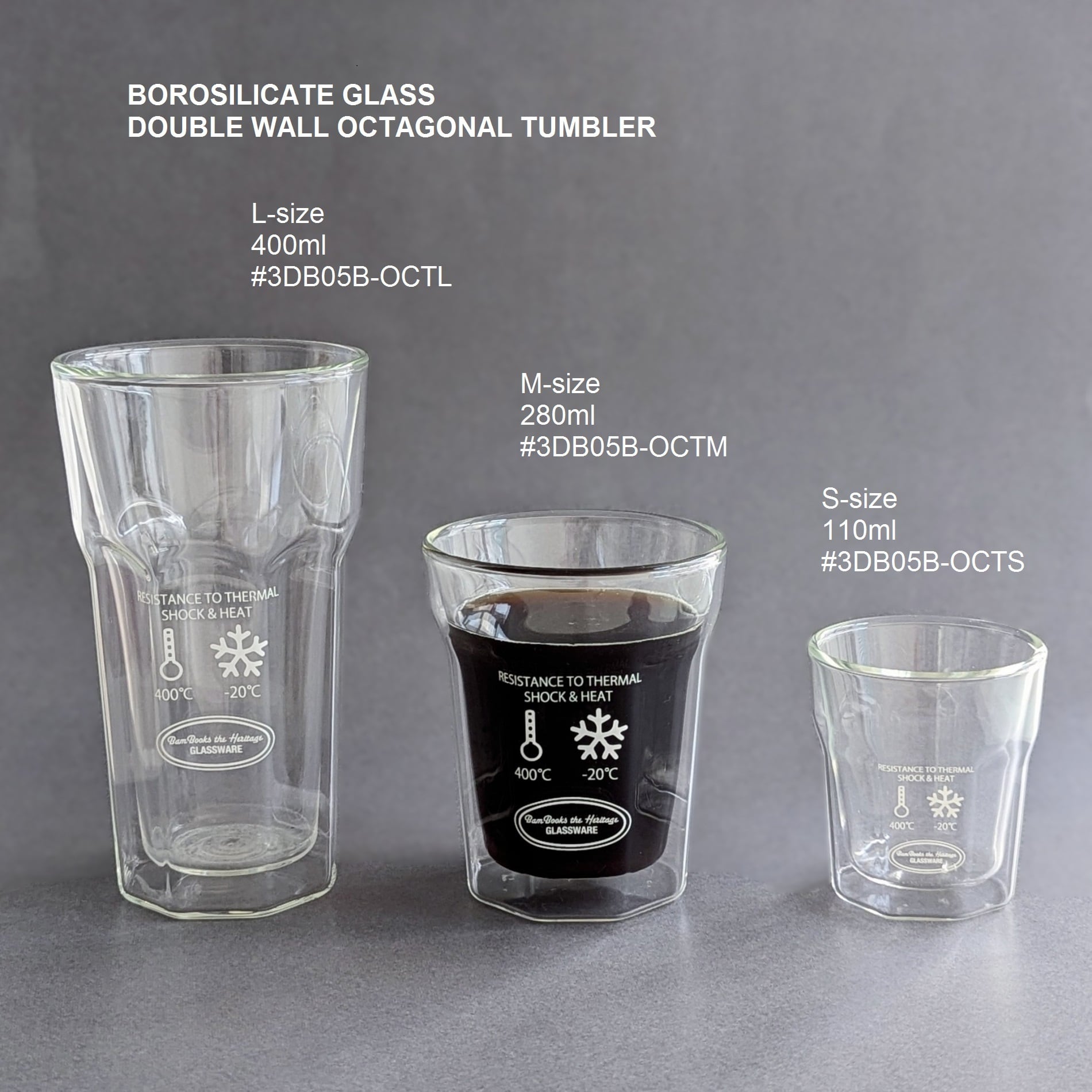 DOUBLE WALL OCTAGONAL TUMBLER 250ml 耐熱ガラス・タンブラーMサイズ
