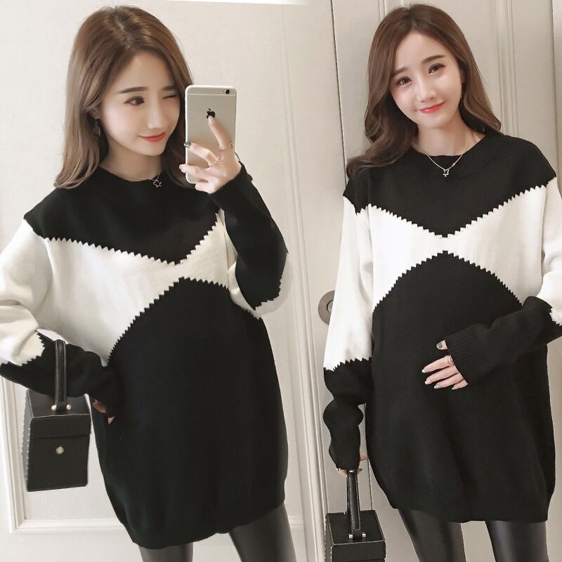 【新作】【送料無料】 妊娠中の女性この2019年秋冬バージョンの新しいファッションの黒と白のカラーマッチングルーズミドル丈プラスサイズのマタニティセーター-アリババ ホワイト ブラック 大きめサイズ オータム 秋物 ウィンター 冬物 expec289113284376