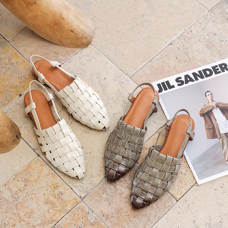 快適感編み込みデザインサンダル本革靴フラットシューズ内外全革疲れ