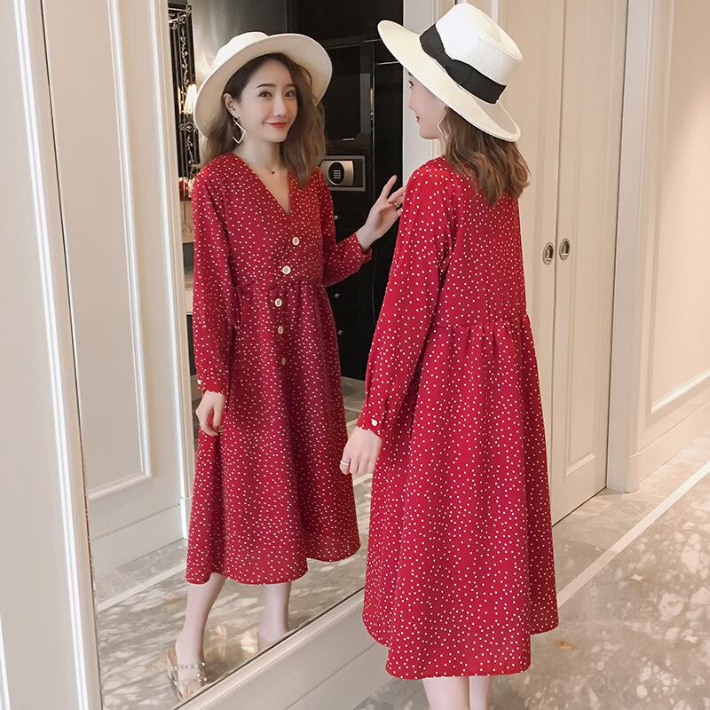 【新作】【送料無料】 新しい外出母乳育児ファッションウェーブポイントVネックルーズマタニティナーシングドレスのマタニティウェア2019春バージョン-アリババ スプリング 春物 expec290342235221