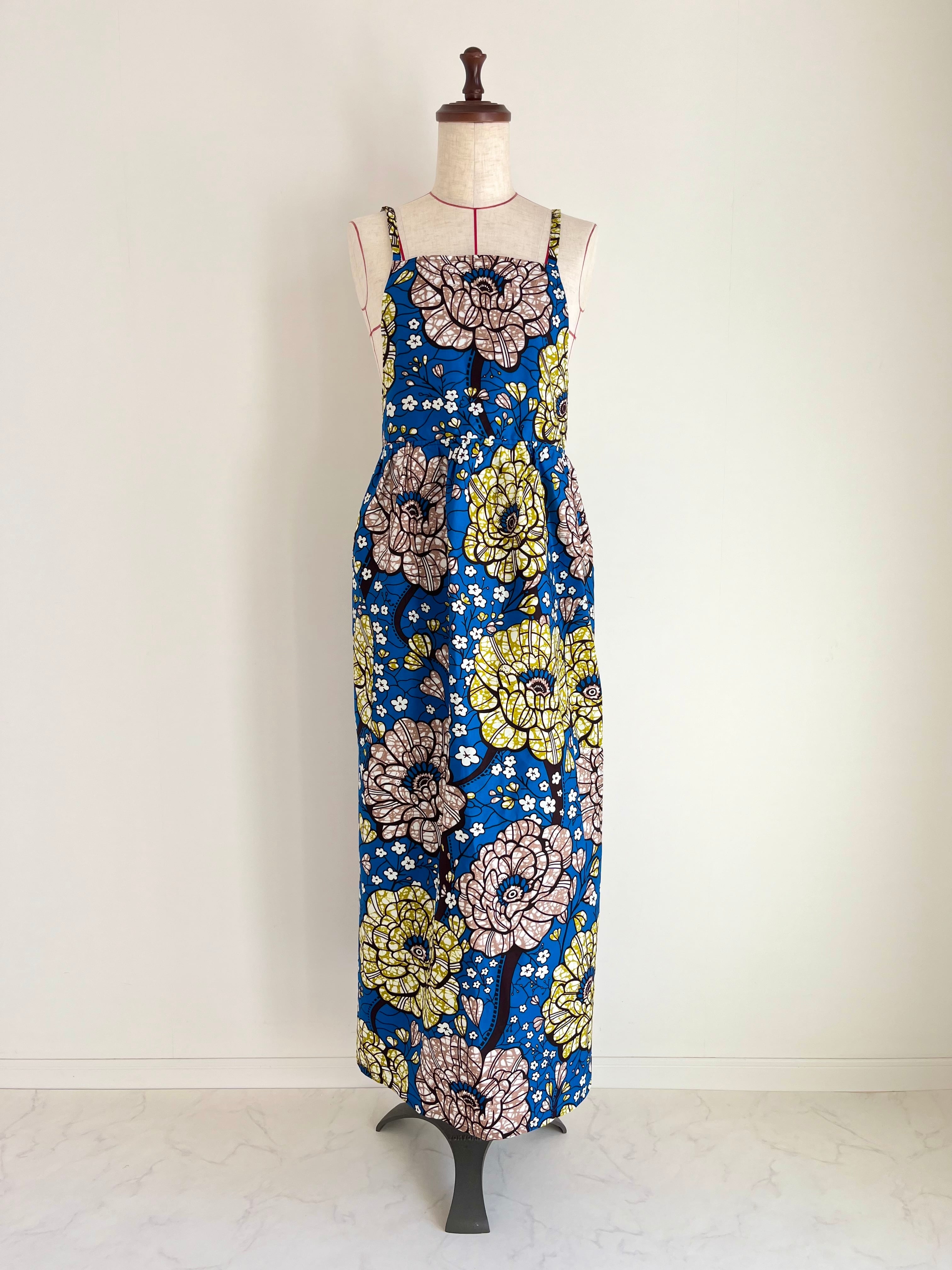 アフリカ布のナチュラルエプロン ラナンキュラス/ブルー | lalaproducts