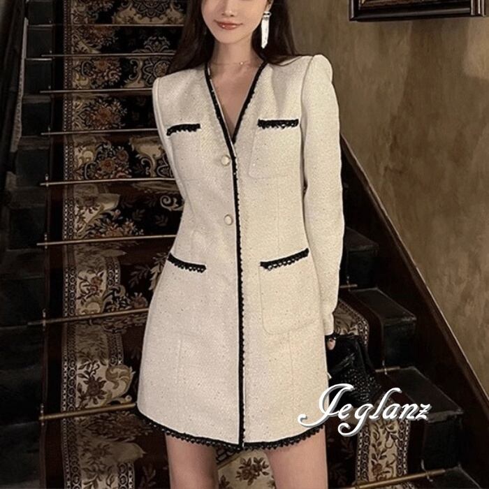 ツイード ニット ワンピース 配色 トリミング ひざ上 エターナル(M5434)α