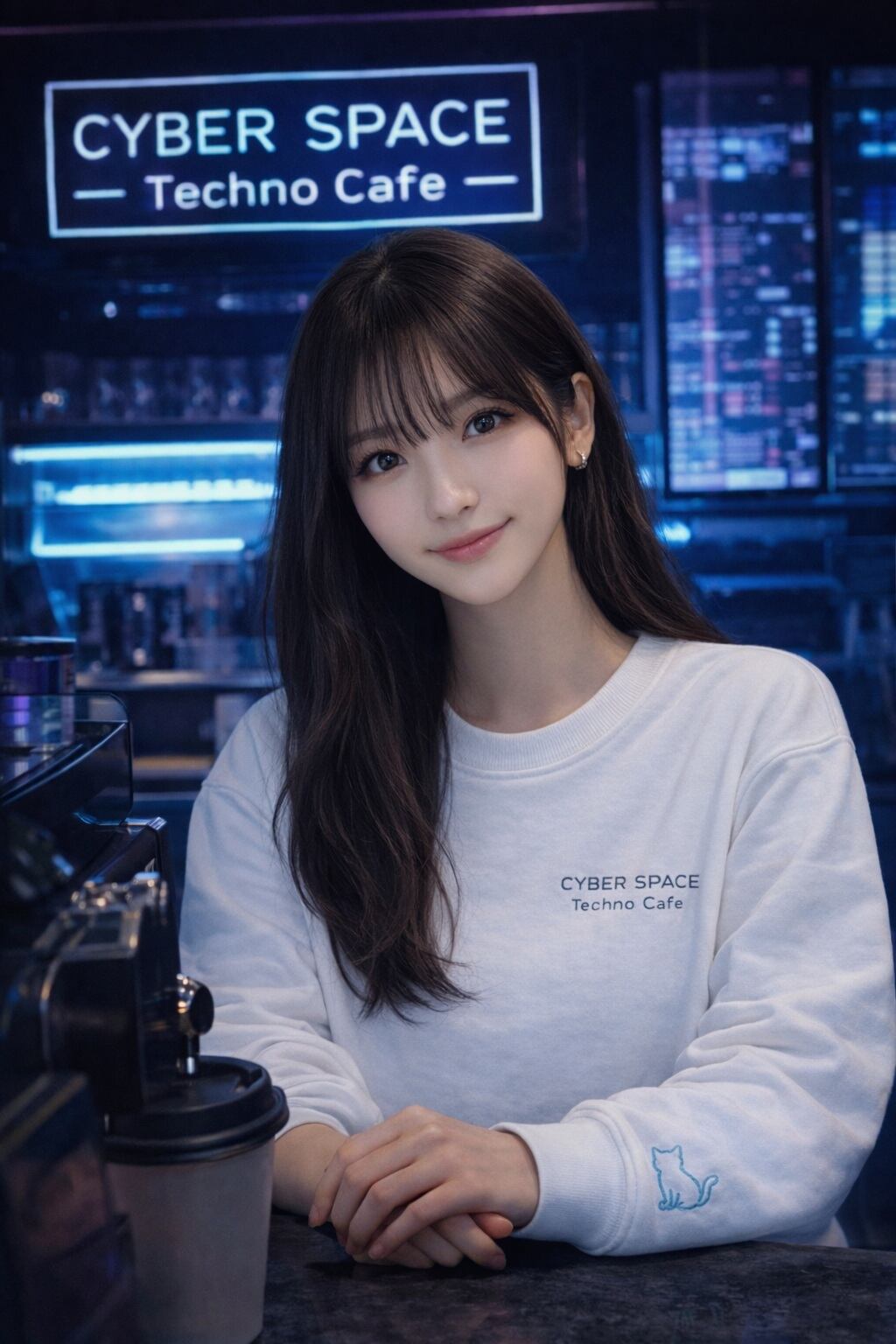CYBER SPACE Techno Cafe / NEKO 1GOU / Sweatshirt (White) [Fleece