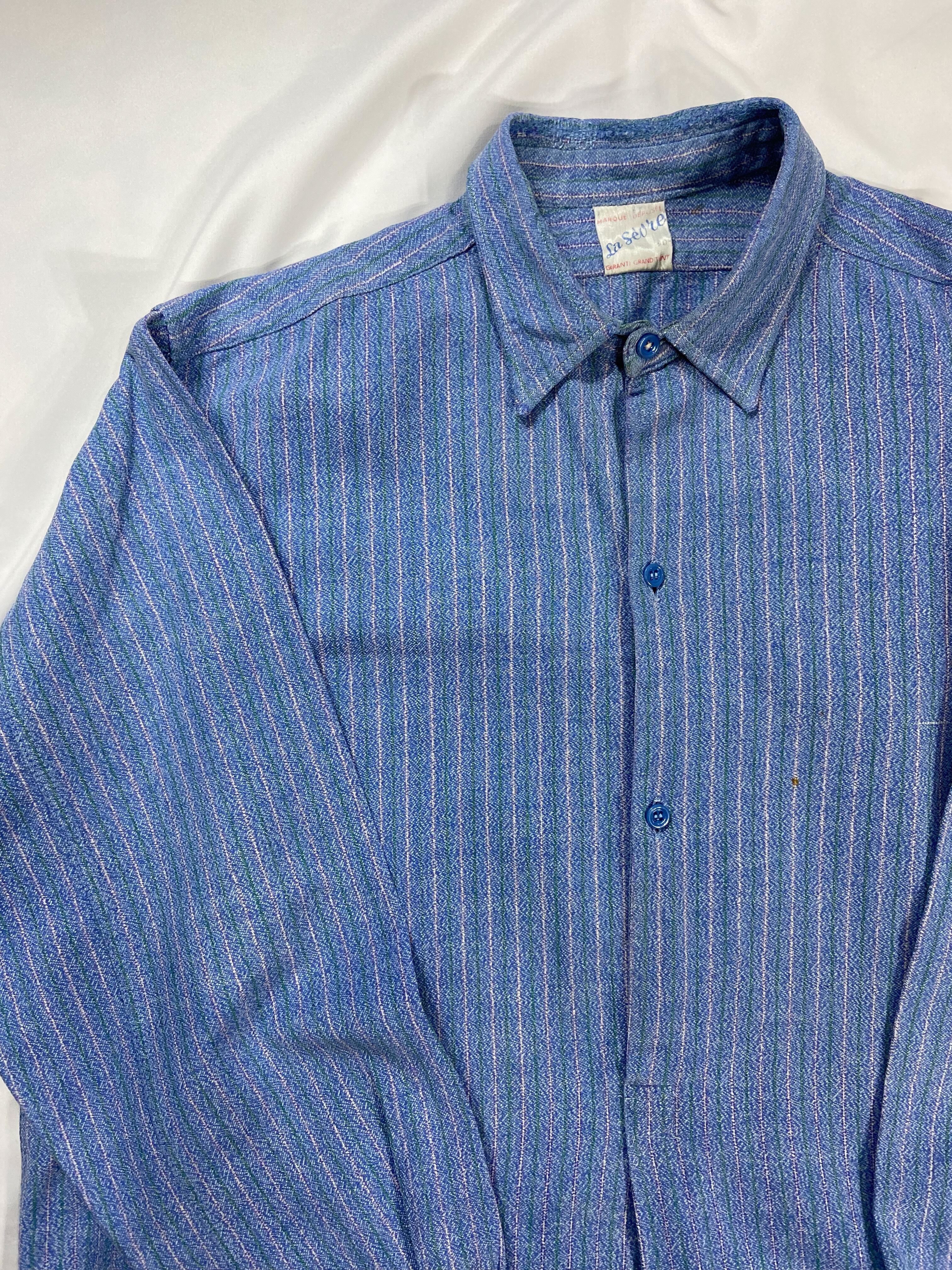 1950s】French Vintage Blue Striped Cotton Grandpa/Pullover