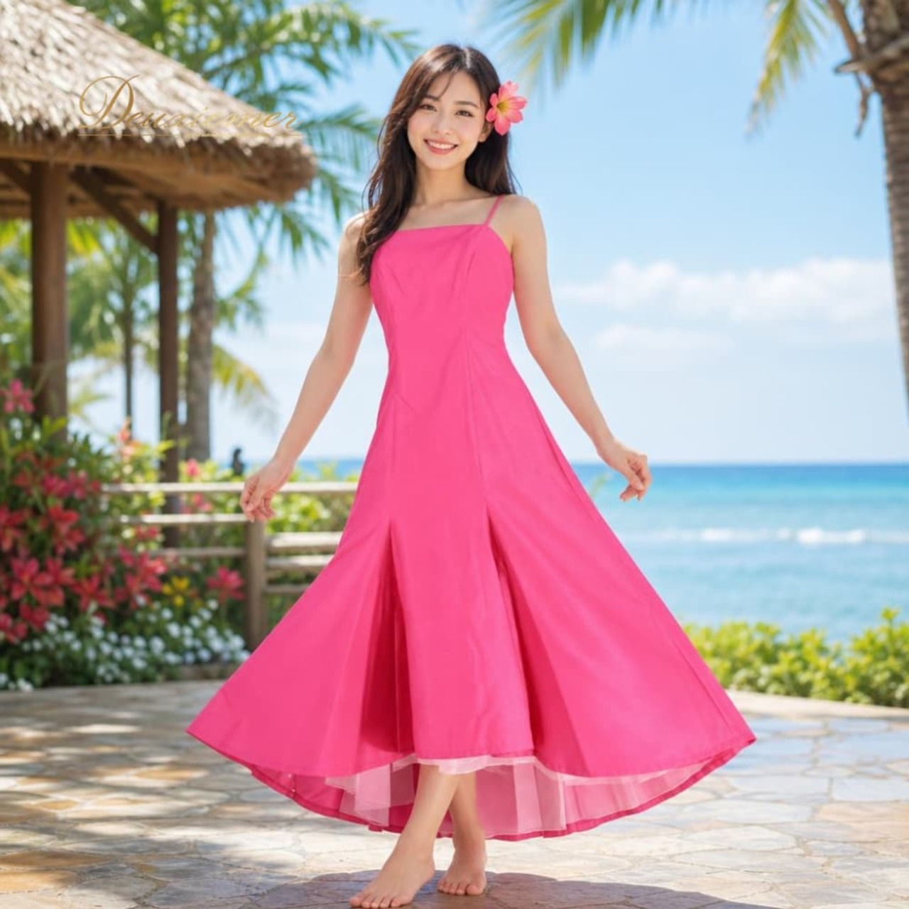 フラダンス 衣装 ALOHA STANDARDS アロハスタンダード ワンピース ドレス ピンク系 日本製 ワンカラー アシンメトリー 無地 ふわふわ かわいい 華やか 鮮やか 明るい きれい ハワイアン アロハ フラ ダンス レッスン 練習