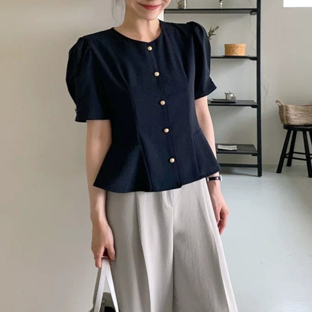 Gold button puff sleeve shirt jacket A1726